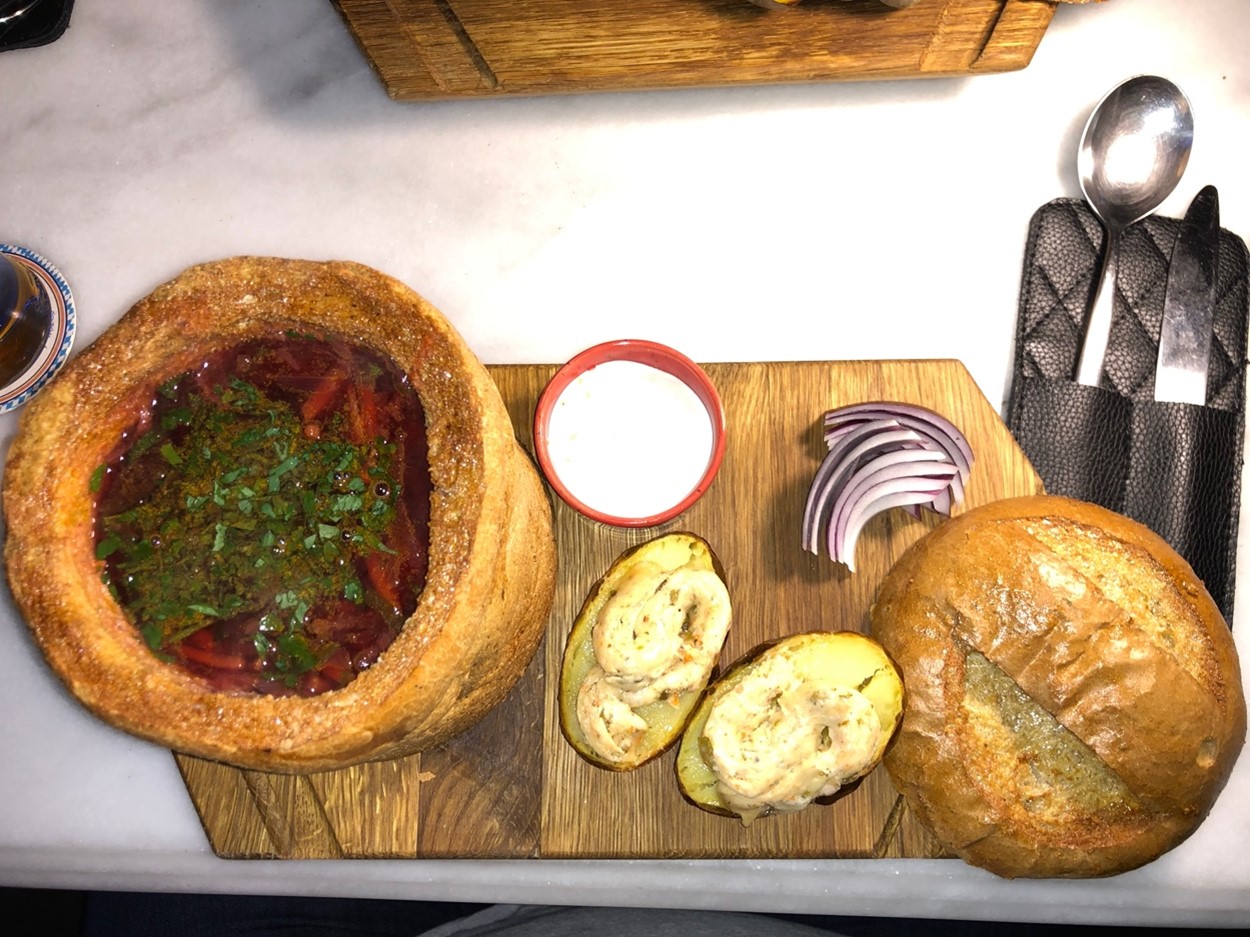 Borscht in a fancy bread bowl in Odessa, Ukraine.