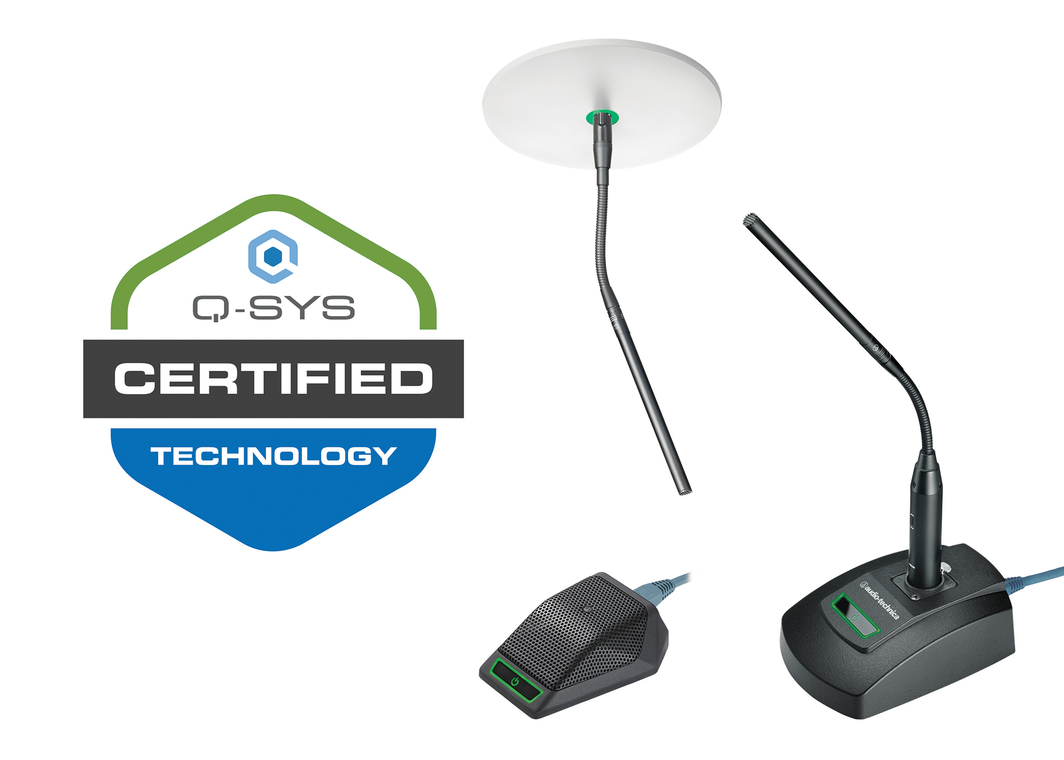 Audio-Technica's ATND971a Cardioid Condenser Network Boundary Microphone, ATND8677a Network Microphone Desk Stand and ATND8734a Network Ceiling Power Module can now be deployed, configured, and controlled in Q-SYS Designer via a new plug-in.