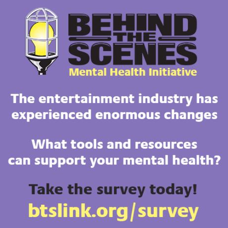Behind the Scenes mental health survey purple graphic with white, black, and yellow text. A ghost light image is in he op left corner and is part of the Behind the Scenes logo.