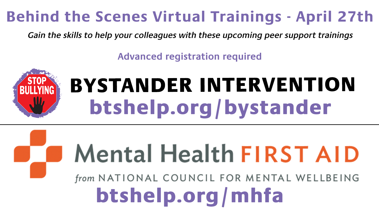 Behind the Scenes Bystander Intervention and MHFA trainings graphic.