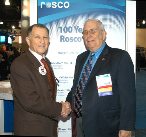 Joe Tawil (left) and Stan Miller at the Rosco USITT booth on March 21, 2013, when they formally concluded the acquisition of GAMProducts.