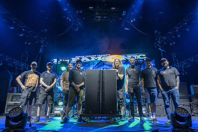 The Dreamsonic tour audio crew (left to right), pictured with an L2 enclosure: Austin Pinkerton (Devin Townsend monitors), Darian Kani-Sanchez (stage technician), James Meslin (Dream Theater monitors), Steve Thom (system engineer), Michael “Ace” Baker (Dream Theater FOH), Igor Stolarsky (Animals As Leaders FOH), Neal Duffy (Animals As Leaders monitors), and Chris Edrich (Devin Townsend FOH)