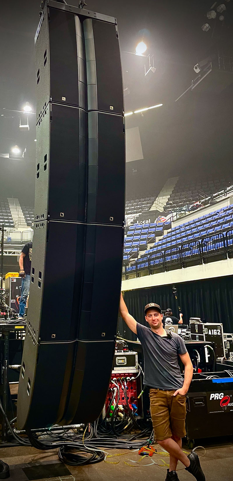 PRG system engineer Steve Thom with one of the Dreamsonic tour’s L Series arrays