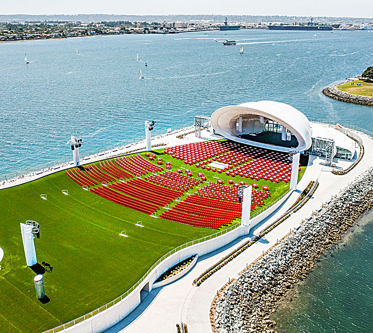 Overhead view of the Rady Shell at Jacobs Park in San Diego, where Soundforms designed the shell enclosure with sound technology from L-Acoustics