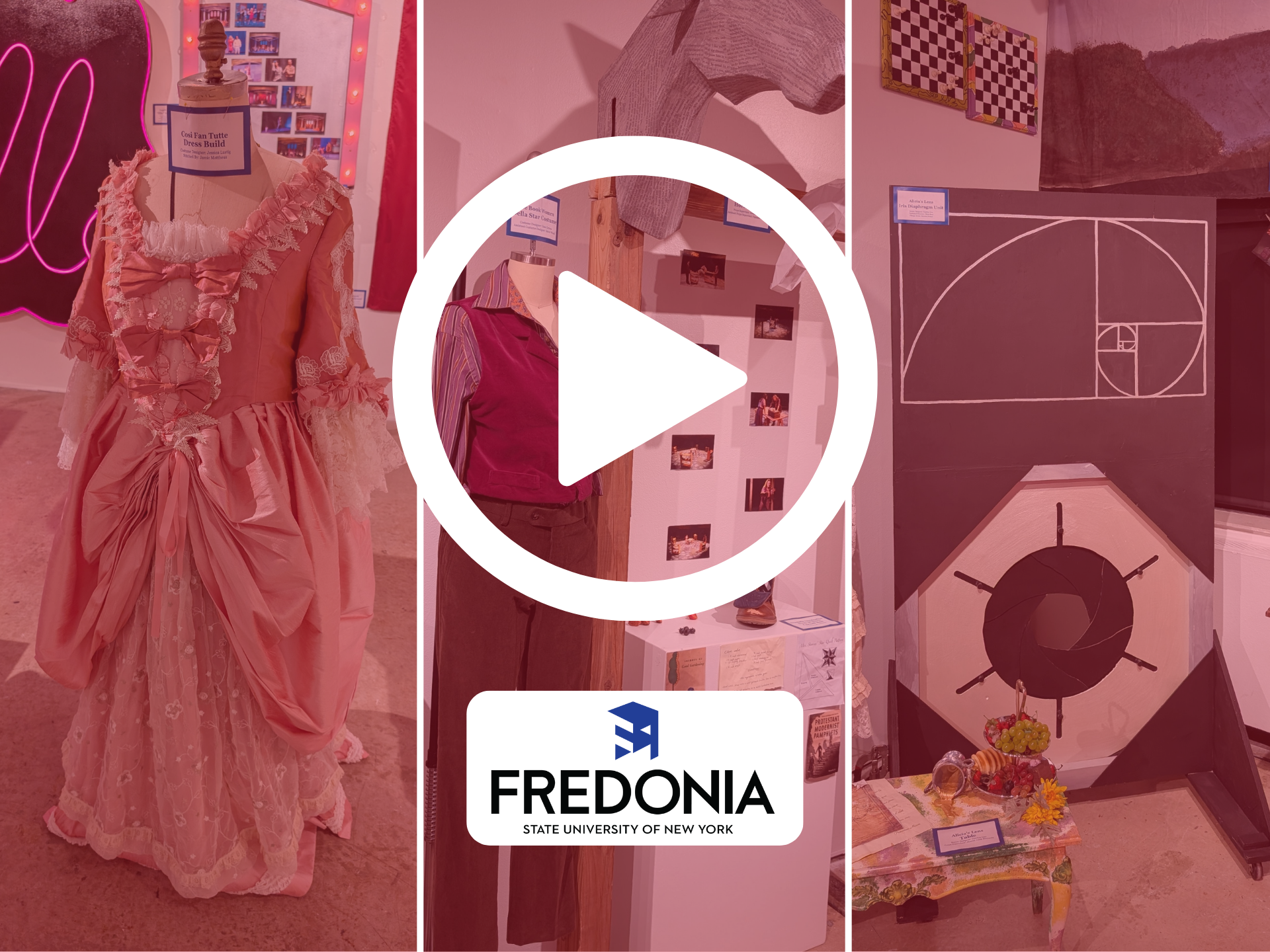 SUNY Fredonia video image with play button on top of photos from the exhibit with a red overlay.