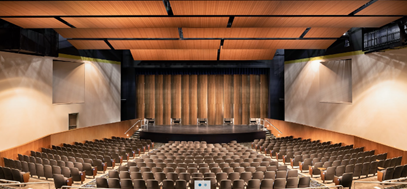 An expanded view of Gallatin High School’s stage shows  off its cherry veneer Bravado Acoustical Shell
