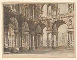 Giuseppe Galli Bibiena, The Courtyard of a Princely Palace, ca. 1720–30. Pen and brown ink, gray wash, and blue watercolor, 349 × 457 mm. Promised gift of Jules Fisher.