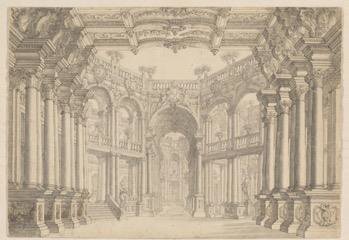 Carlo Galli Bibiena, A Colonnaded Stage Set, ca. 1750. Pen and brown and black ink with gray wash, 340 x 489 mm. Promised gift of Jules Fisher.